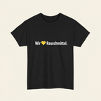 Schwarzes Wir lieben Rauschmittel Shirt als Produktfoto mit Frontprint