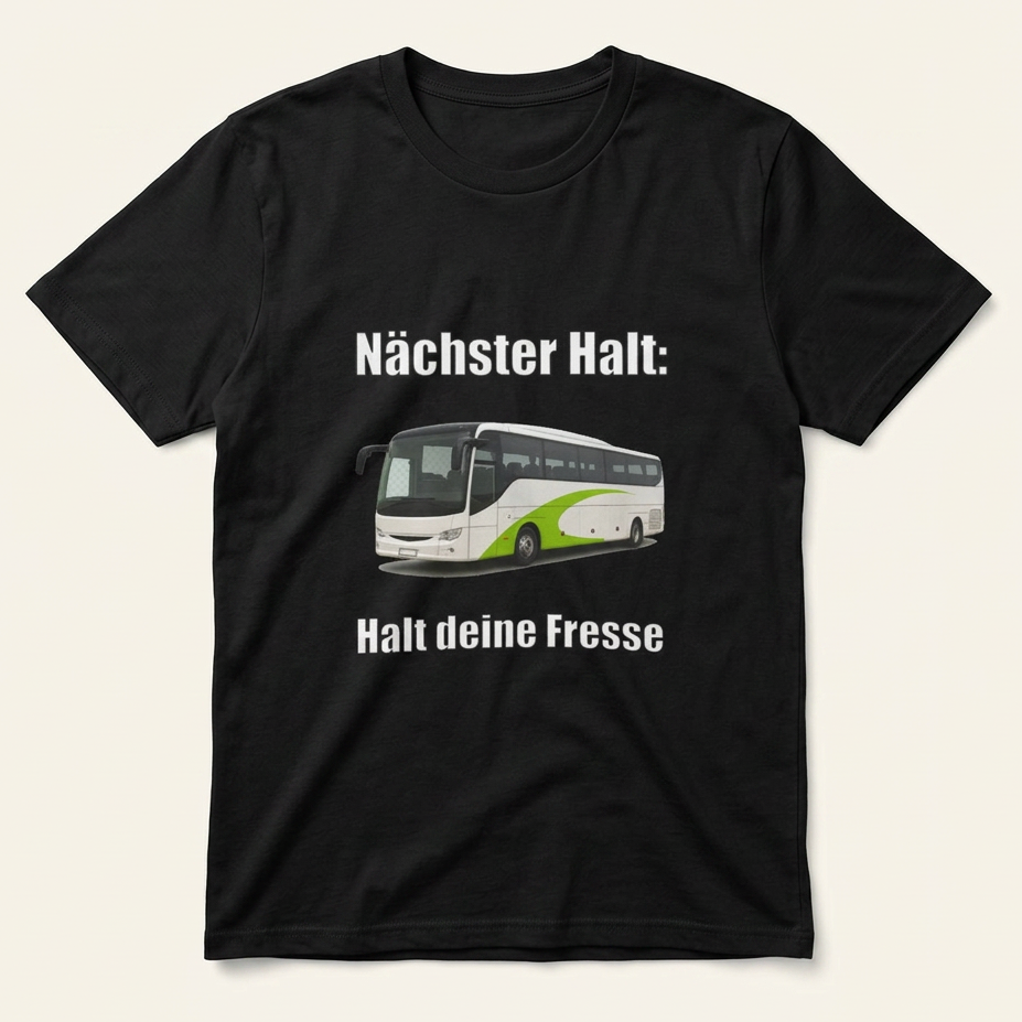 Schwarzes Meme T-Shirt „Nächster Halt: Halt deine Fresse" mit Reisebus als Produktfoto