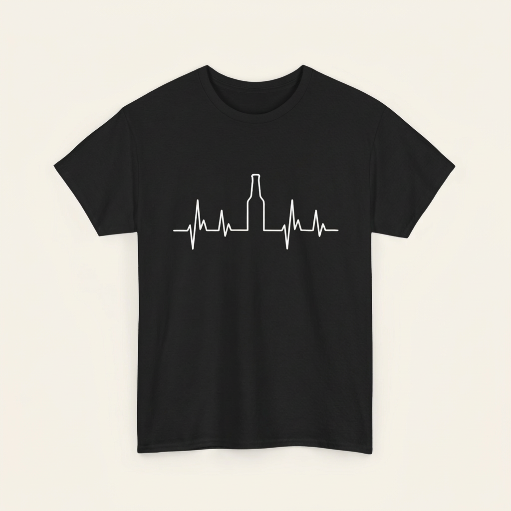 Schwarzes Bier-Shirt mit EKG-Linie und Bierflasche – Frontprint