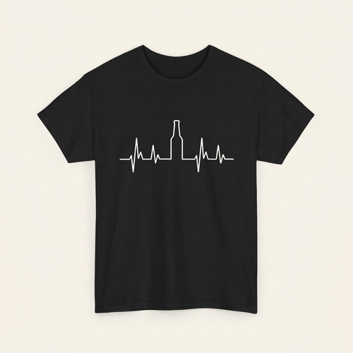 Schwarzes Bier-Shirt mit EKG-Linie und Bierflasche – Frontprint