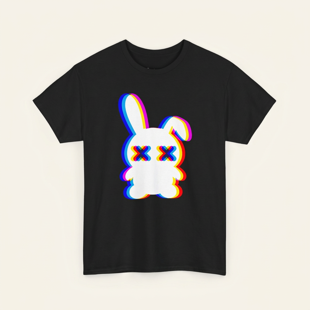 Techno Bunny Shirt, Detailansicht des Frontprints – Festival- und Rave-Outfit in Schwarz