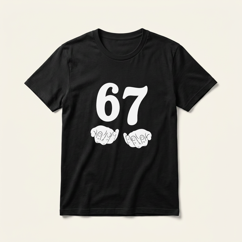 Schwarzes 67 Meme Shirt als Produktfoto mit weißem Frontprint