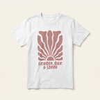 „Frieden, Bier & Sonne“ Open-Air T-Shirt, Detailansicht der altrosa Sonne als Frontprint