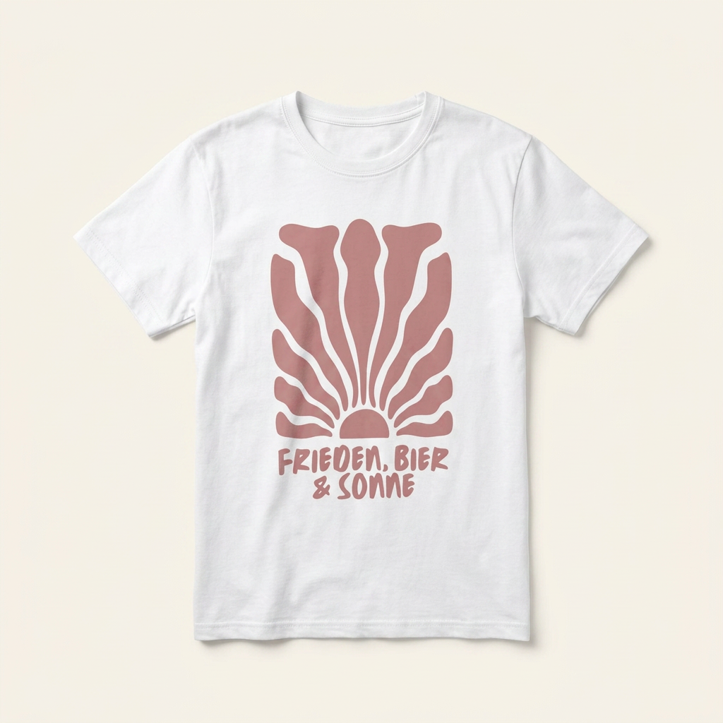 „Frieden, Bier & Sonne“ Open-Air T-Shirt, Detailansicht der altrosa Sonne als Frontprint