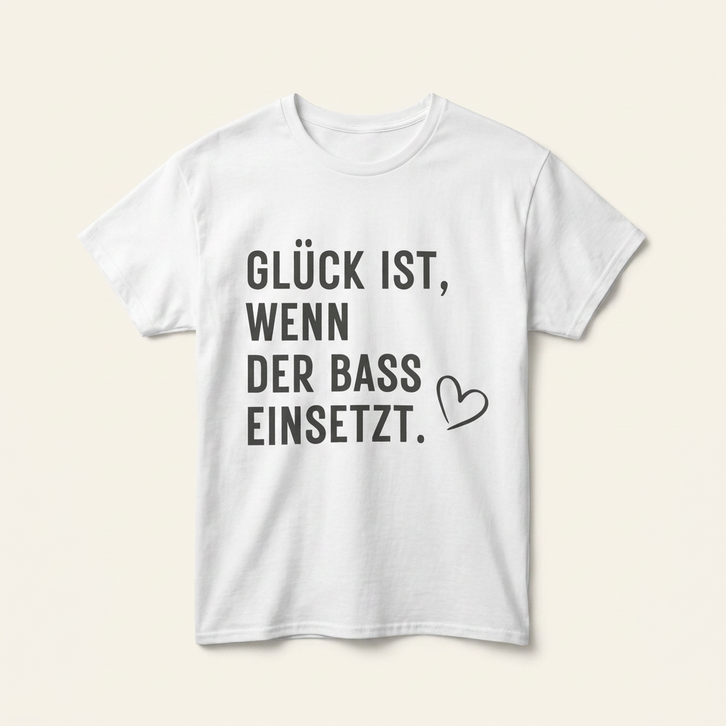 „Glück ist, wenn der Bass einsetzt“ Rave T-Shirt, Detailansicht des Frontprints mit Herz