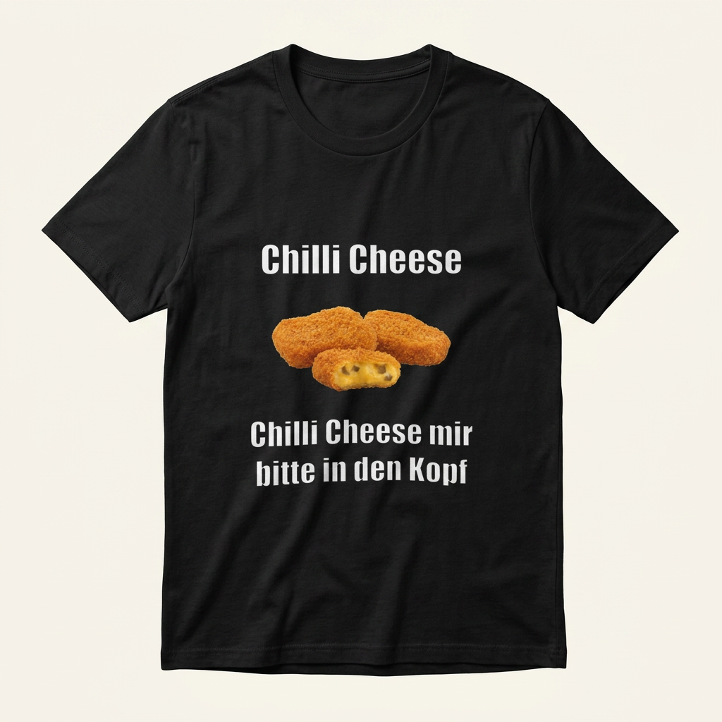 Schwarzes Chilli Cheese Meme Shirt mit Nuggets – Frontprint