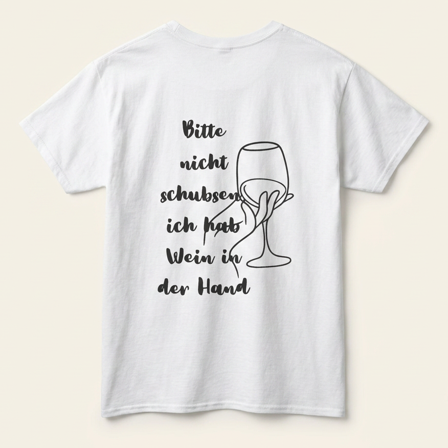 Weißes Unisex Shirt in der Rückansicht mit Lettering-Spruch und Line-Art-Weinglas