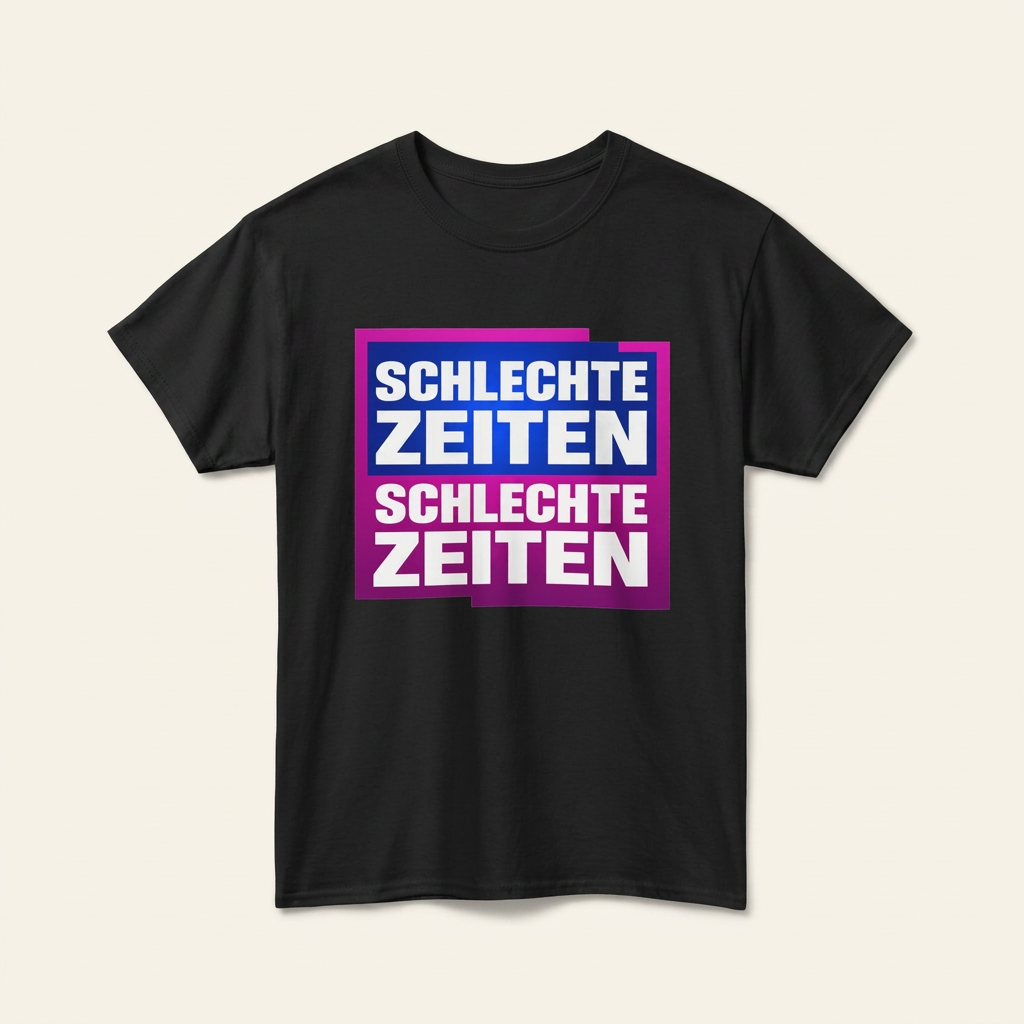 Zweite Farbvariante des Schlechte Zeiten Shirts als Produktfoto mit Meme-Frontprint