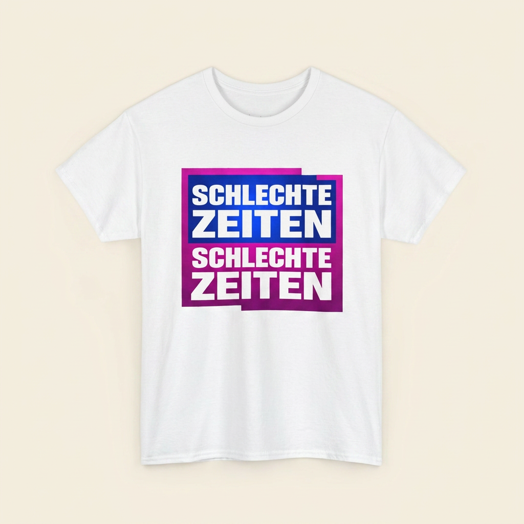 Weißes Schlechte Zeiten Shirt als Produktfoto mit Print in Magenta und Blau