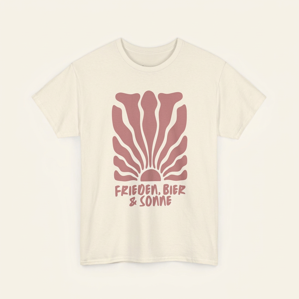 „Frieden, Bier & Sonne“ Festival Shirt, Produktansicht – Open-Air T-Shirt in Weiß und Naturbeige