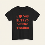 Techno Shirt „Chosen Techno“, Detailansicht des roten Frontprints – Rave-Outfit in Schwarz