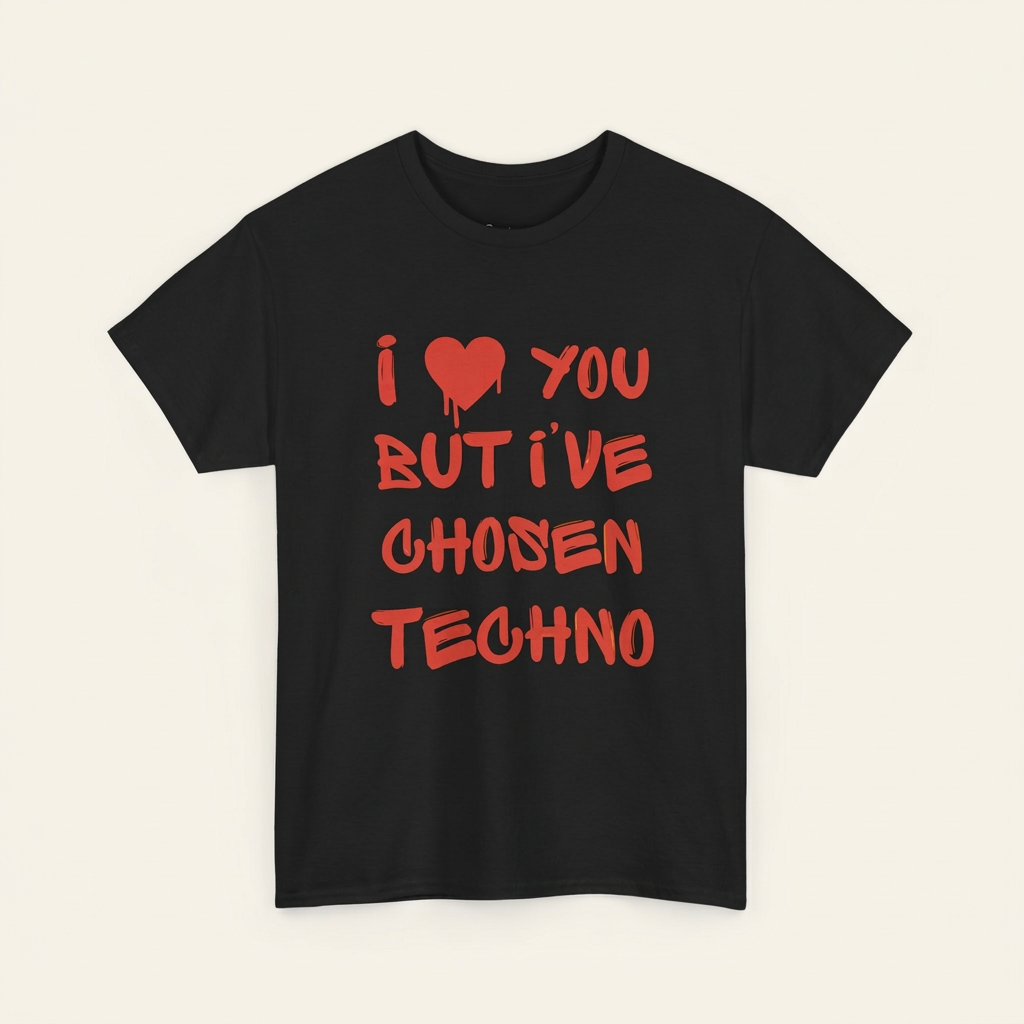 Techno Shirt „Chosen Techno“, Detailansicht des roten Frontprints – Rave-Outfit in Schwarz