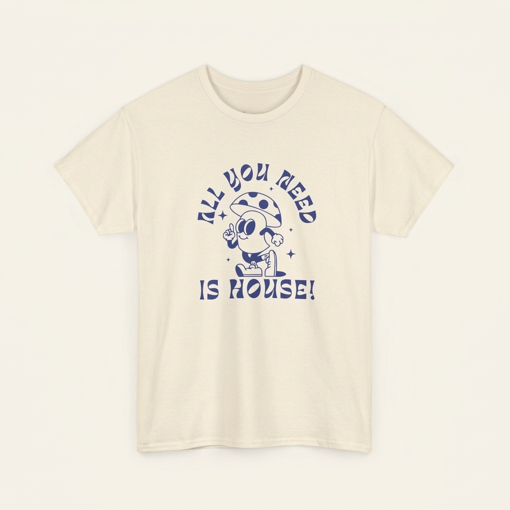 „All you need is House“ Festival Shirt, Produktansicht – House T-Shirt in Weiß und Naturbeige