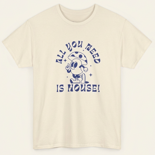 „All you need is House“ Festival Shirt, Produktansicht – House T-Shirt in Weiß und Naturbeige