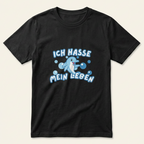 Schwarzes Delfin Meme T-Shirt „Ich hasse mein Leben" als Produktfoto vor hellem Hintergrund