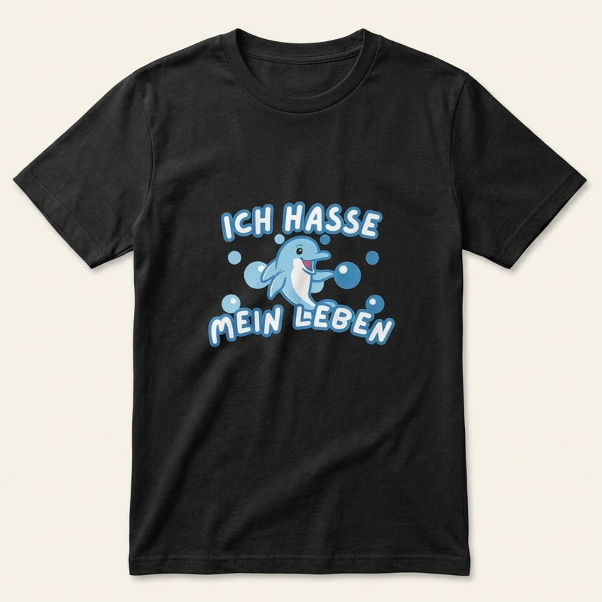 Schwarzes Delfin Meme T-Shirt „Ich hasse mein Leben" als Produktfoto vor hellem Hintergrund