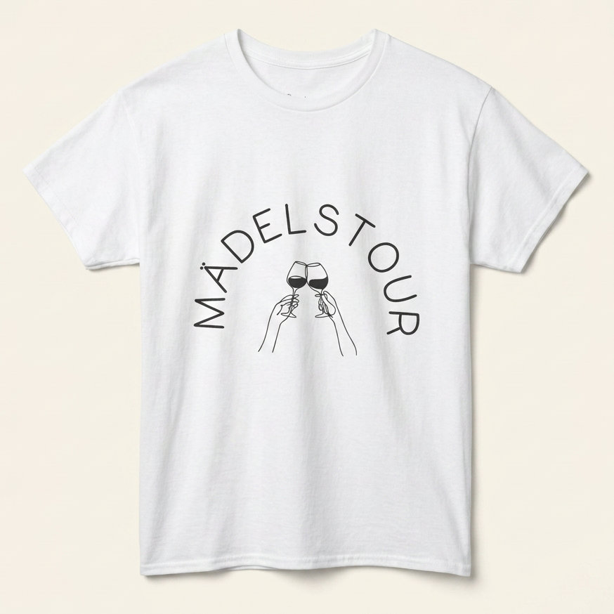 Weißes Mädelstour Shirt von vorne mit Schriftzug im Bogen und Weinglas-Line-Art