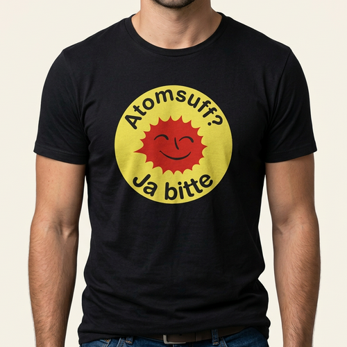 Mann trägt schwarzes Atomsuff? Ja bitte Shirt mit lachender Sonne im Retro-Button-Look als Frontprint
