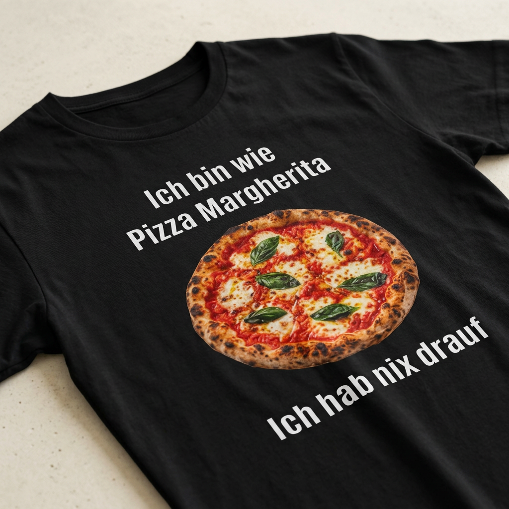 Detailaufnahme Pizza Margherita Meme Print mit Spruch Ich bin wie Pizza Margherita – Ich hab nix drauf