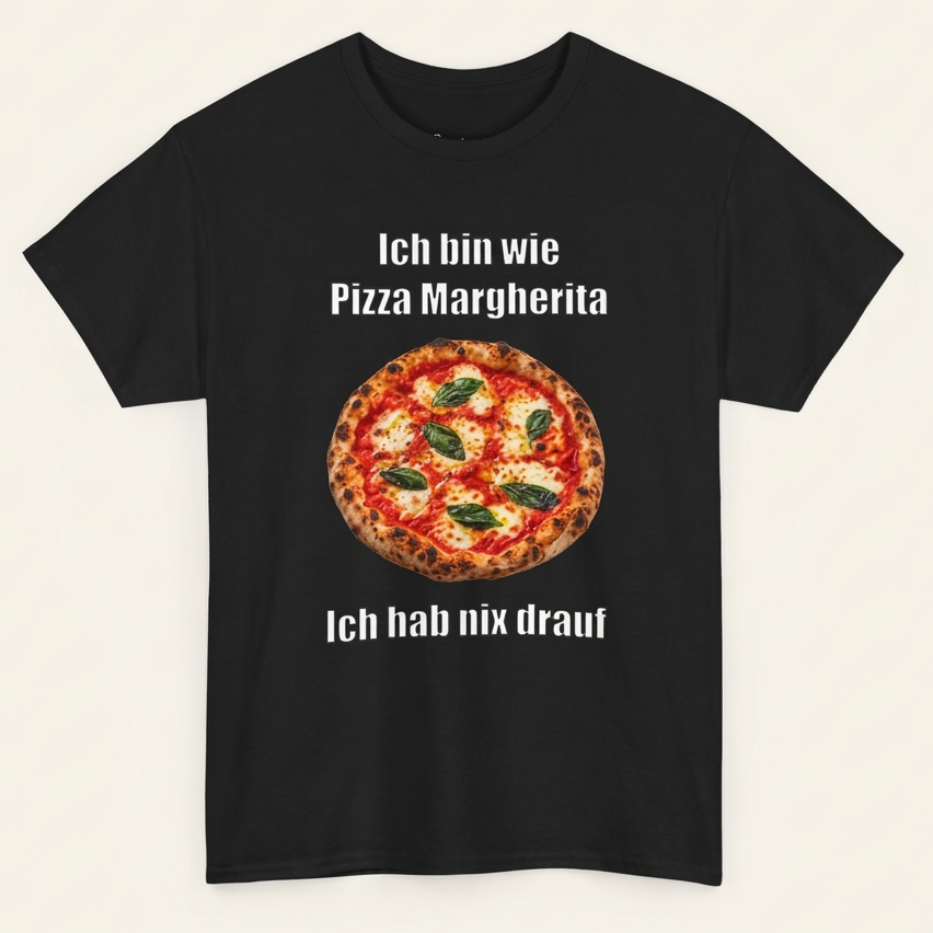 Schwarzes Pizza Margherita Meme T-Shirt mit Pizza-Foto als Frontprint