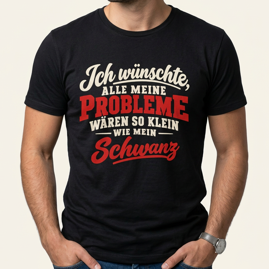 Mann trägt schwarzes Spruch Shirt Ich wünschte alle meine Probleme wären so klein wie mein Schwanz