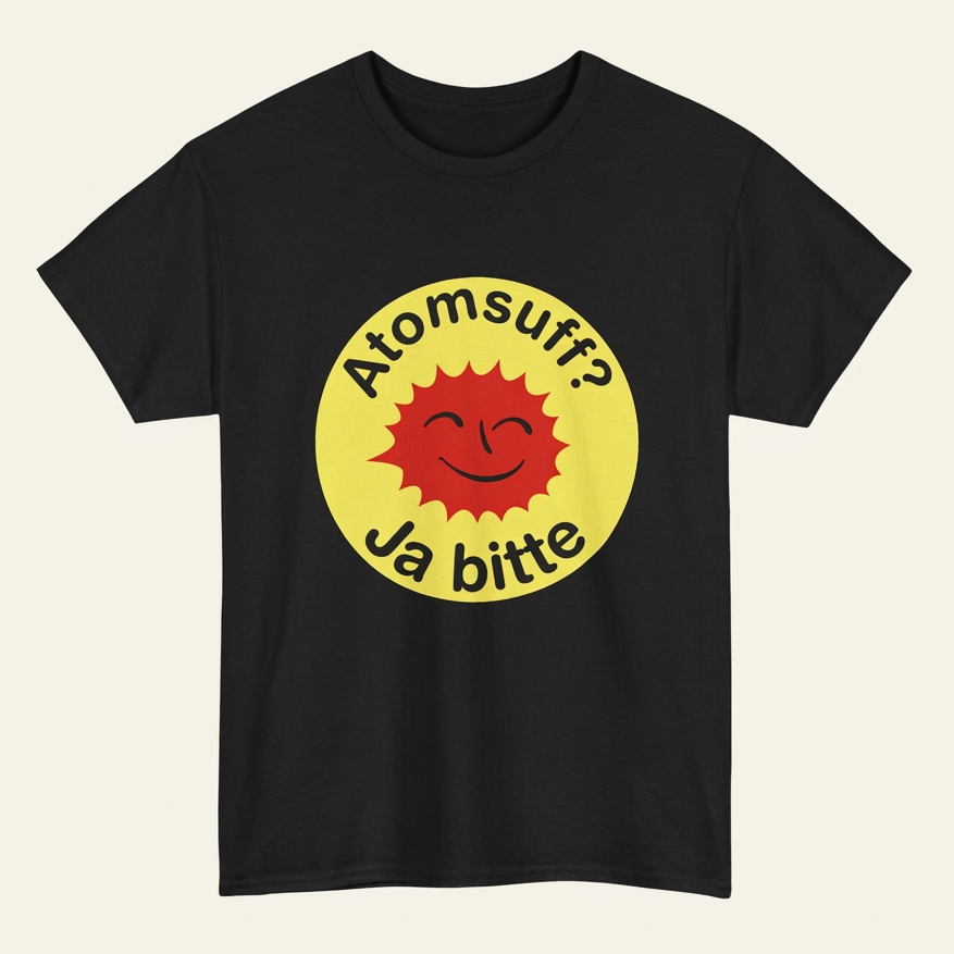 Schwarzes Atomsuff Shirt – lustiges Saufshirt mit gelbem Retro-Button und roter Sonne