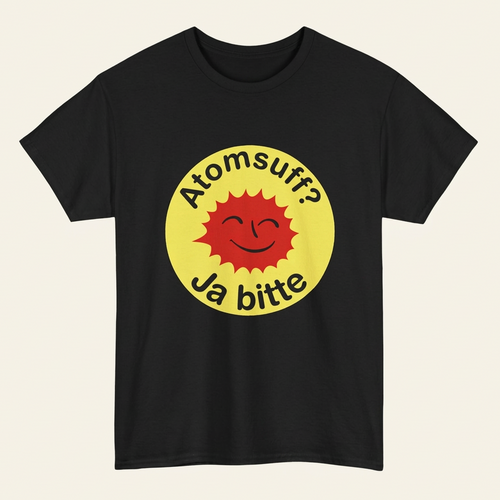 Schwarzes Atomsuff Shirt – lustiges Saufshirt mit gelbem Retro-Button und roter Sonne