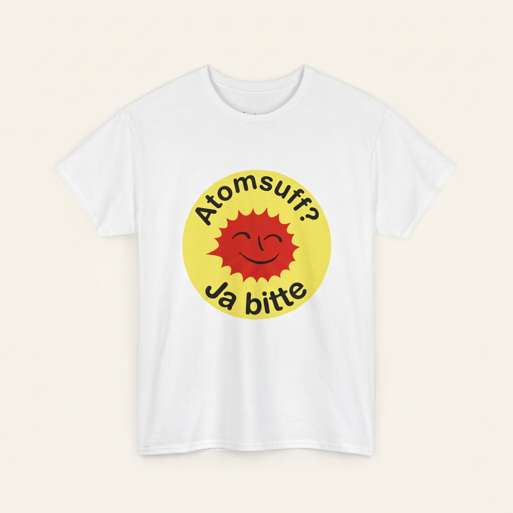 Weißes Atomsuff Shirt mit Retro-Button-Frontprint in Gelb und Rot